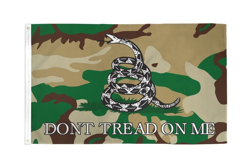 Gadsden flag with coiled rattlesnake on camouflage background and 'Don't Tread On Me' text