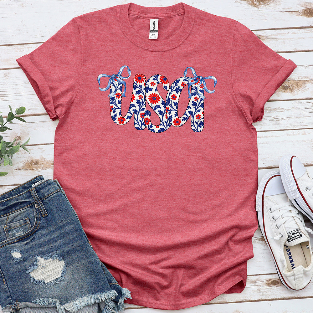 Floral USA Tee - Heather Cardinal Red