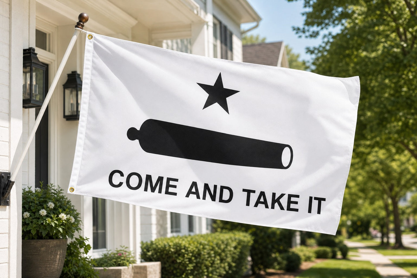 Come and Take It Gonzales Flag on house-mounted pole