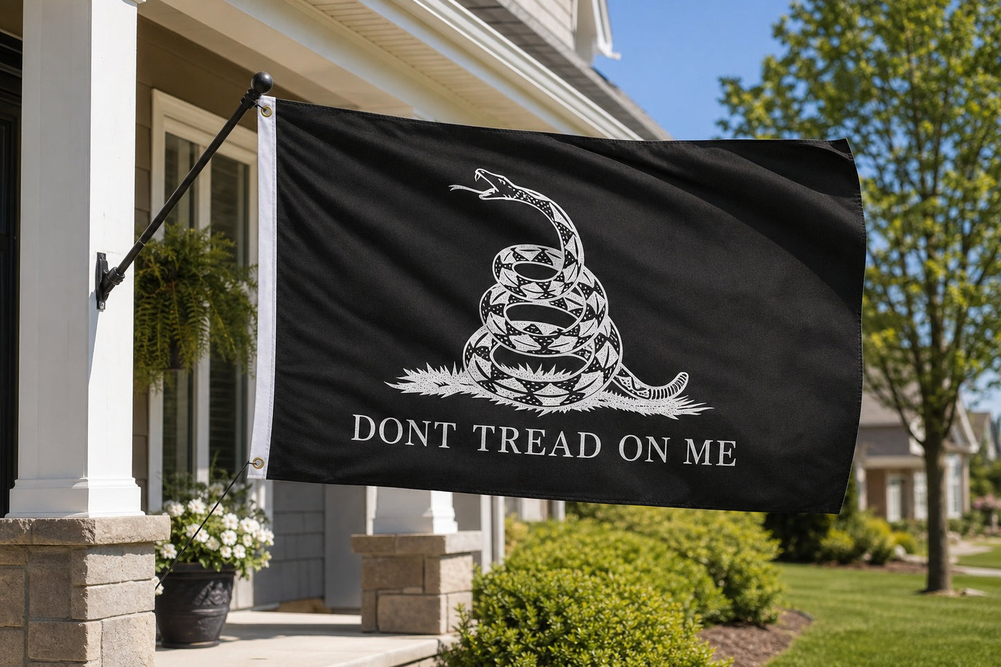 Black Don’t Tread On Me Gadsden Flag on house-mounted pole