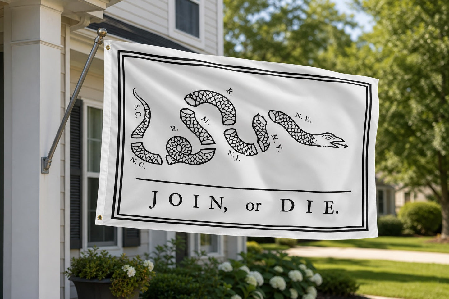 Join or Die Flag on house-mounted pole