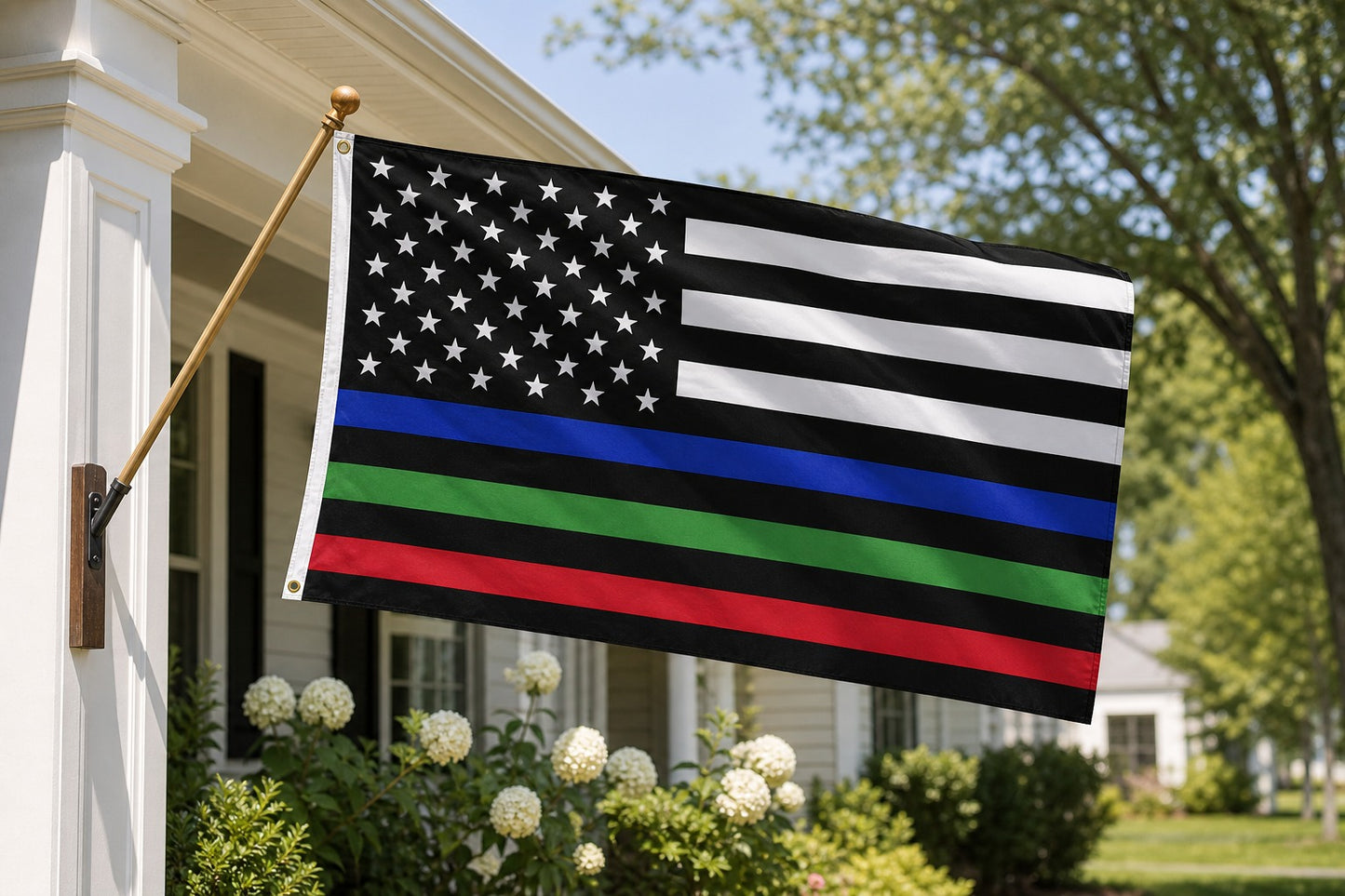 Thin Blue Green Red Line USA Flag on house-mounted pole
