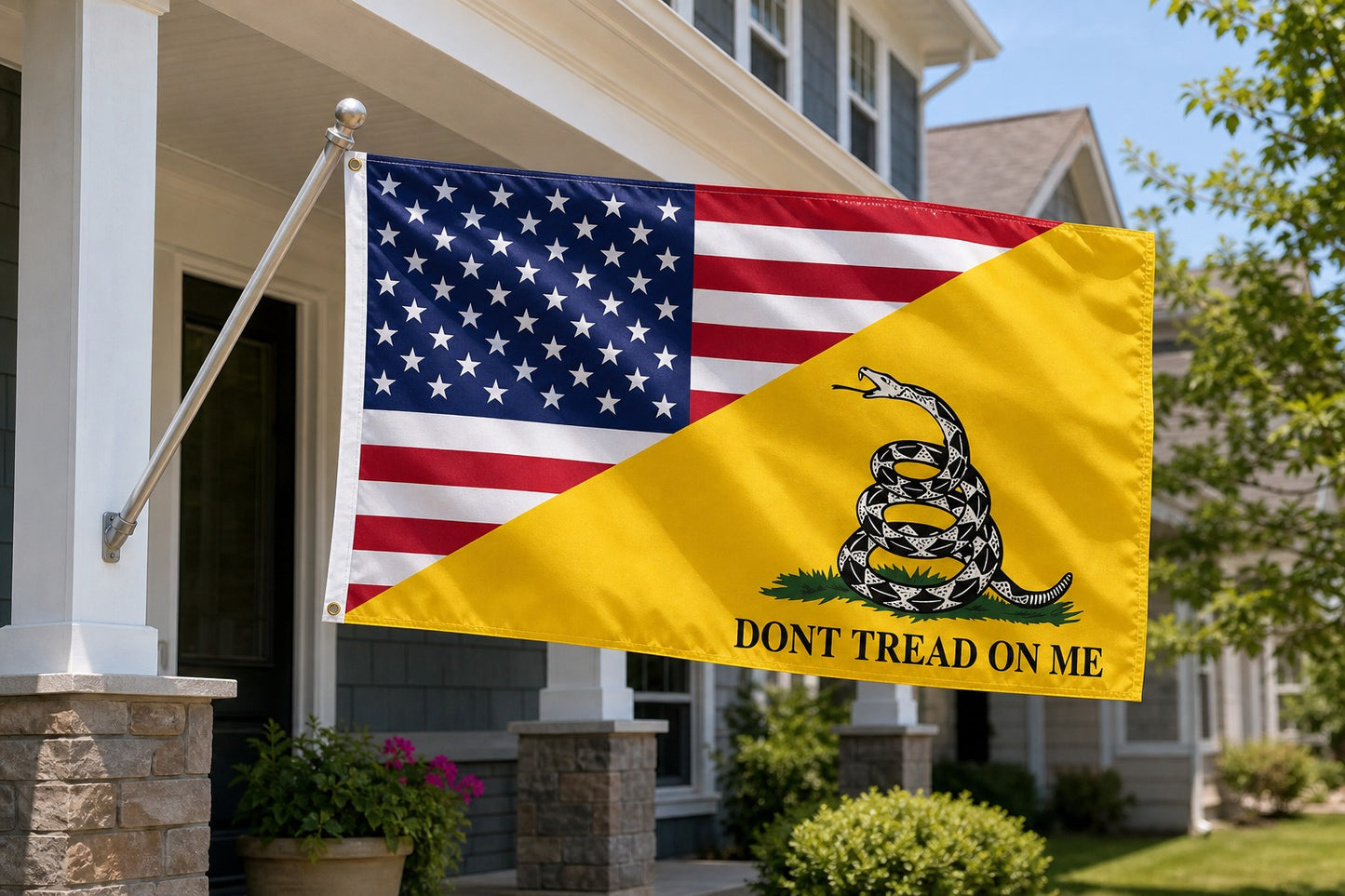 USA Gadsden Combination Flag on house-mounted pole