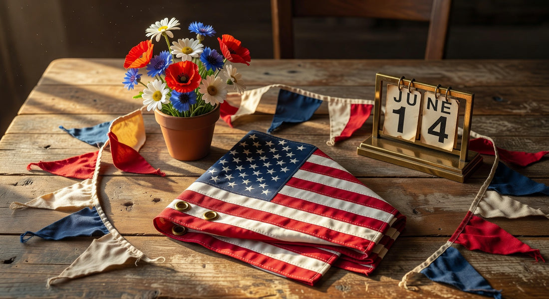 Flat lay of a folded American flag with patriotic flowers and a June 14 calendar on a wooden table
