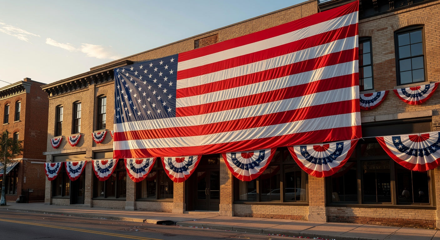 American flag displayed on a building at sunset with patriotic bunting decorations for the 250th anniversary celebration