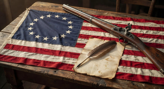 Betsy Ross American flag on wood table with musket, quill, and parchment for patriotic display