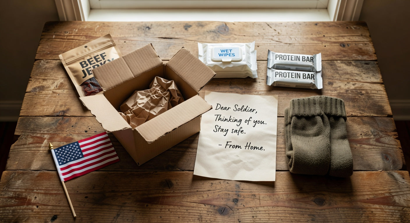 Military care package with protein bars, beef jerky, American flag, socks, wet wipes, and note
