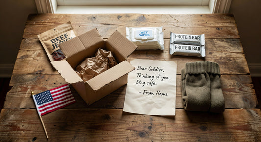 Military care package with protein bars, beef jerky, American flag, socks, wet wipes, and note