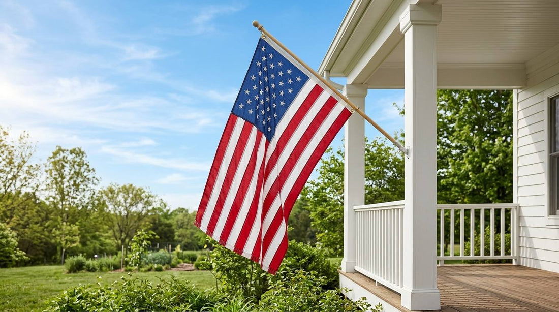 American flag flying from a porch pole beside a white house