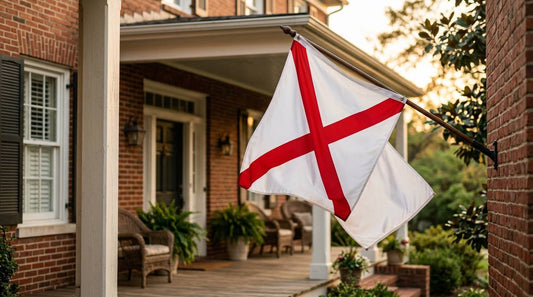 Alabama state flag with crimson diagonal cross flying from a porch bracket
