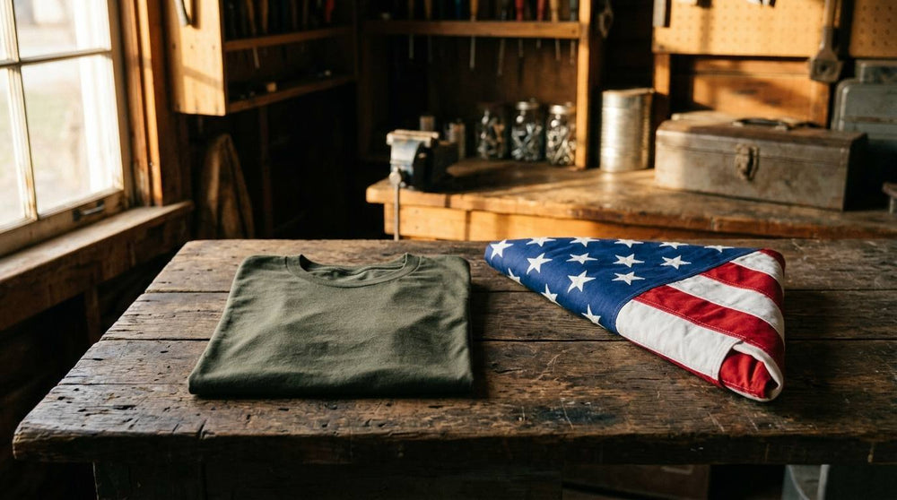 Folded olive green shirt and a folded American flag on a workshop table