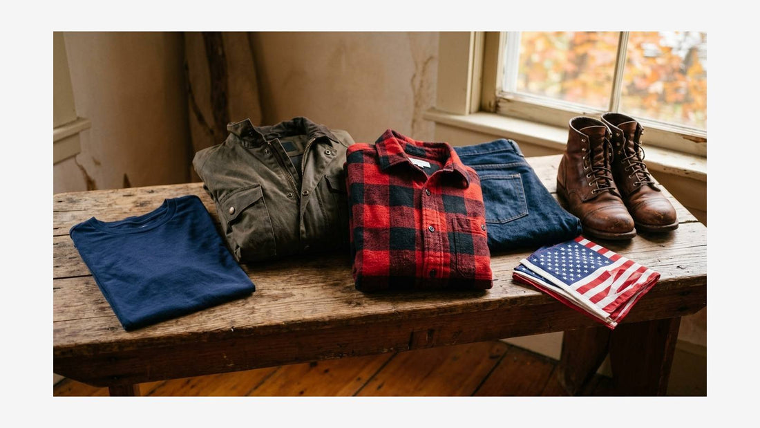 Folded navy tee, flannel, jacket, denim, boots, and a folded American flag on a wooden bench