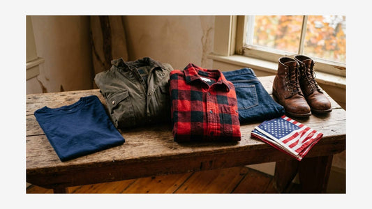 Folded navy tee, flannel, jacket, denim, boots, and a folded American flag on a wooden bench
