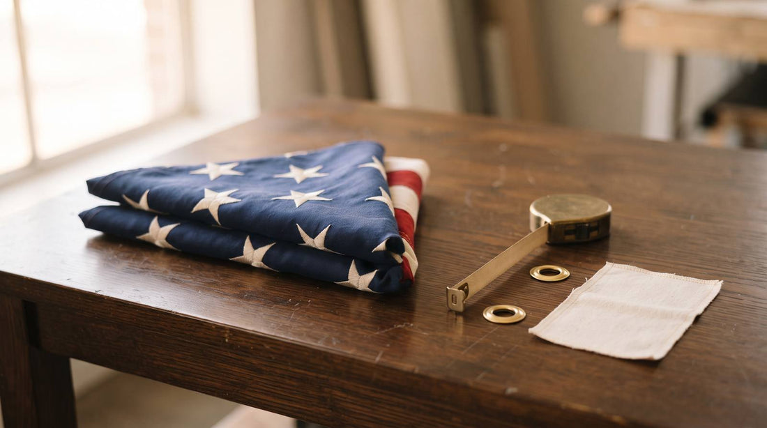 Folded American flag on a wood inspection table with unmarked measuring tools and brass grommets