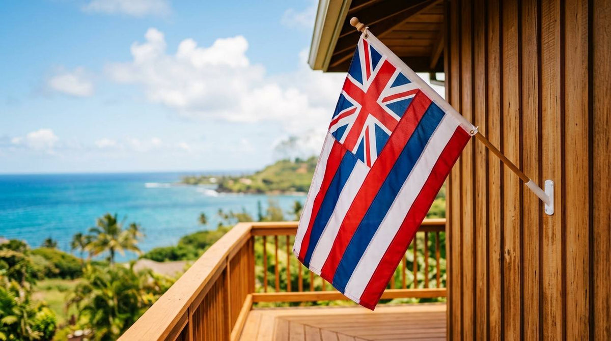 Hawaii state flag flying from a porch bracket above a blue ocean