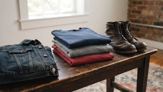 Folded navy, gray, and red shirts with denim jacket and boots on a wood bench