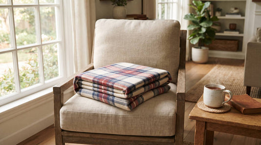 Folded red white and blue throw blanket on an upholstered chair beside a plain mug