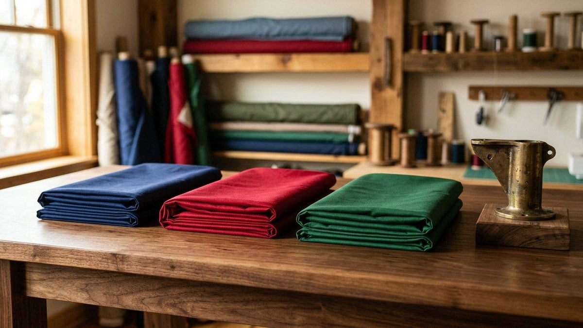 Folded state flag fabrics and a brass flagpole bracket on a wooden workshop table