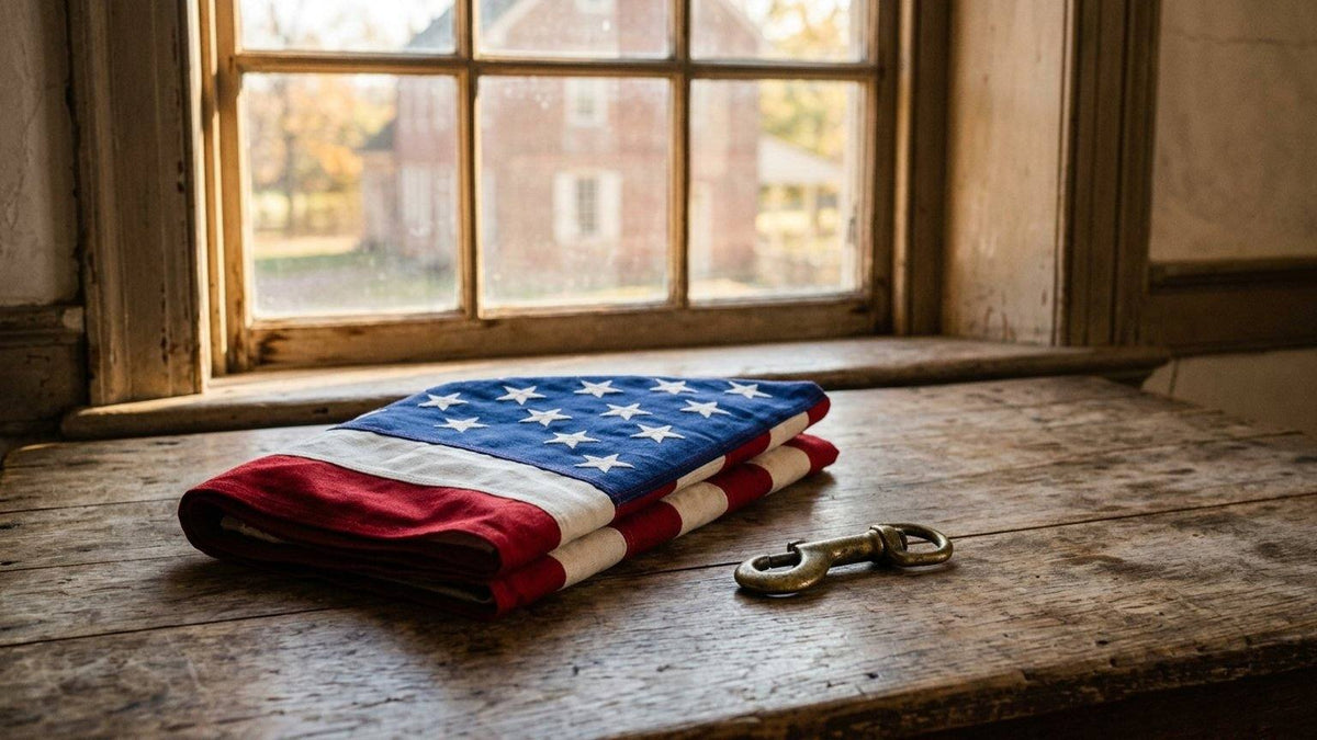 Folded American flag with red and white stripes on a wooden table by a window