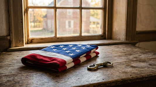 Folded American flag with red and white stripes on a wooden table by a window