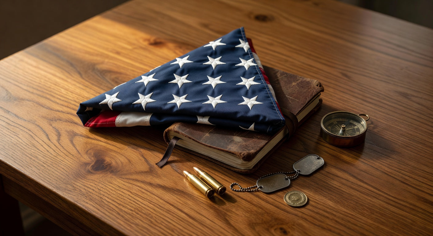 Folded American flag on oak table with leather journal, brass compass, dog tags, and cartridges