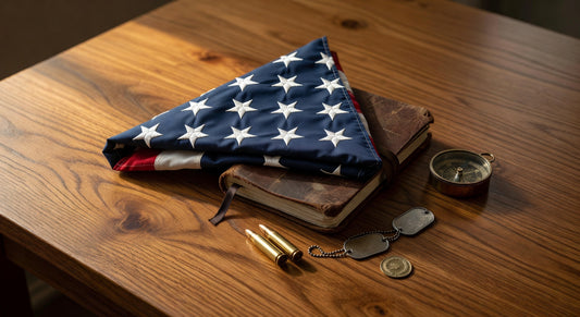 Folded American flag on oak table with leather journal, brass compass, dog tags, and cartridges