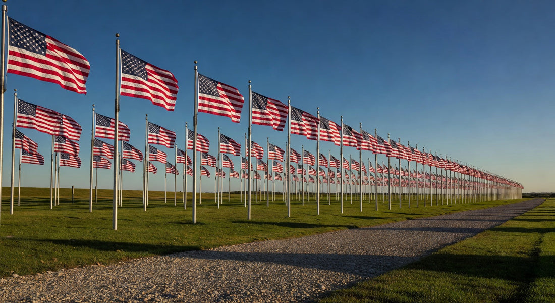 Rows of American flags on flagpoles in a grassy field under a clear blue sky