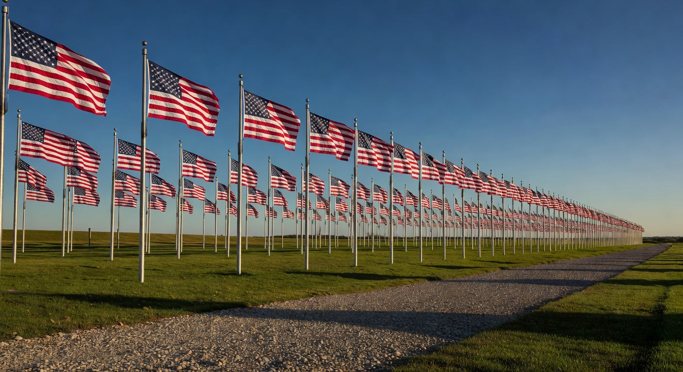 Rows of American flags on flagpoles in a grassy field under a clear blue sky