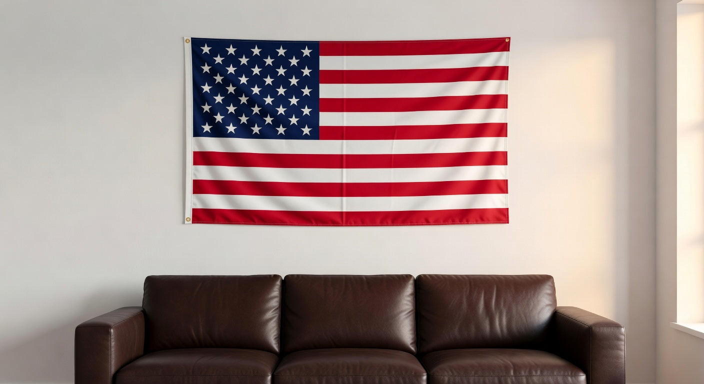 American flag hanging on indoor wall above brown leather sofa