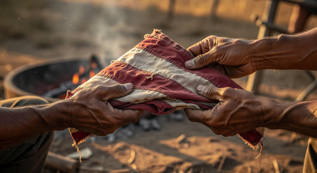 Two hands passing a folded vintage American flag by a campfire outdoors