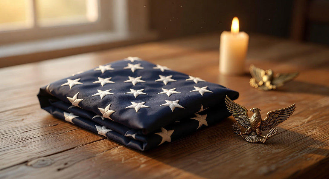 Folded American flag with white stars on wooden table, bronze eagle pin, candle in background