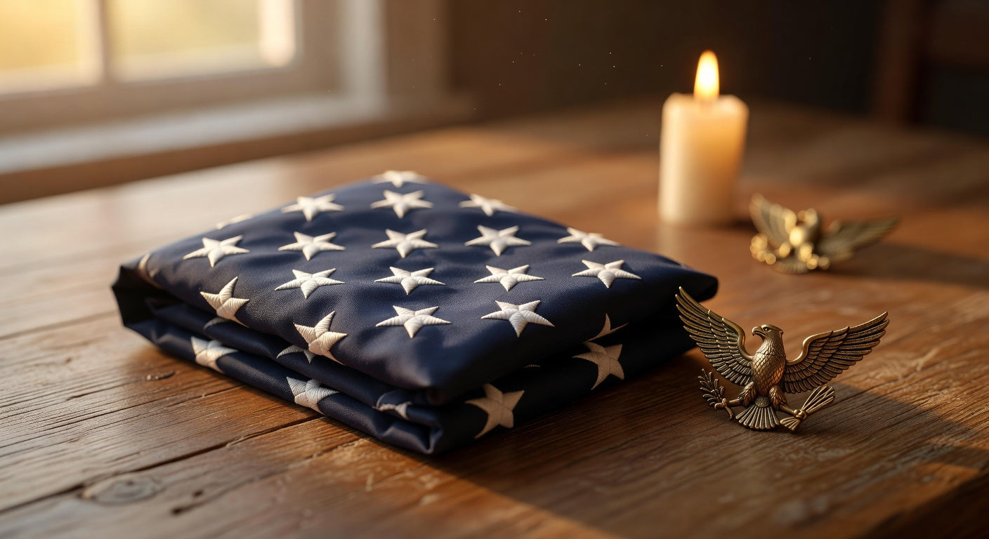 Folded American flag with white stars on wooden table, bronze eagle pin, candle in background