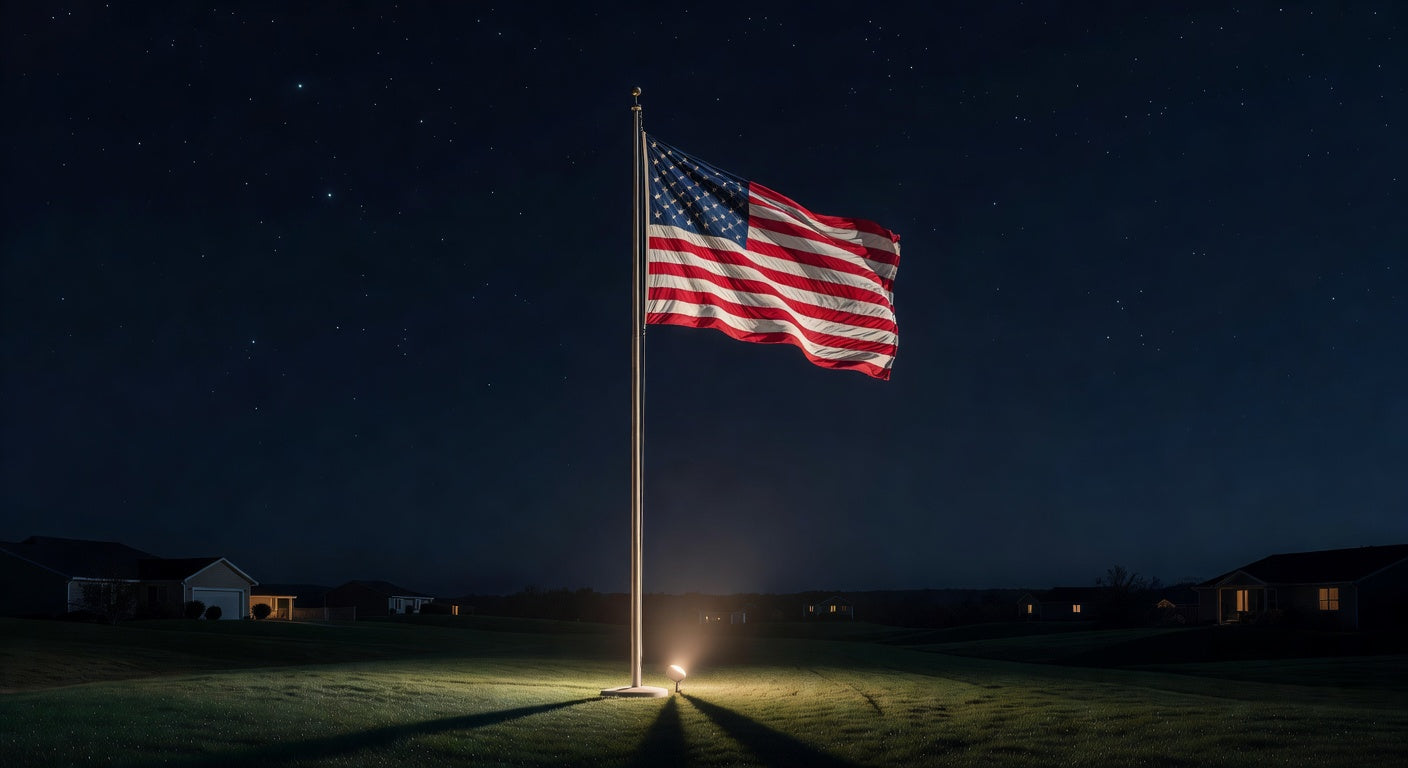 American flag waving on a flagpole at night, illuminated on a suburban lawn with starry sky