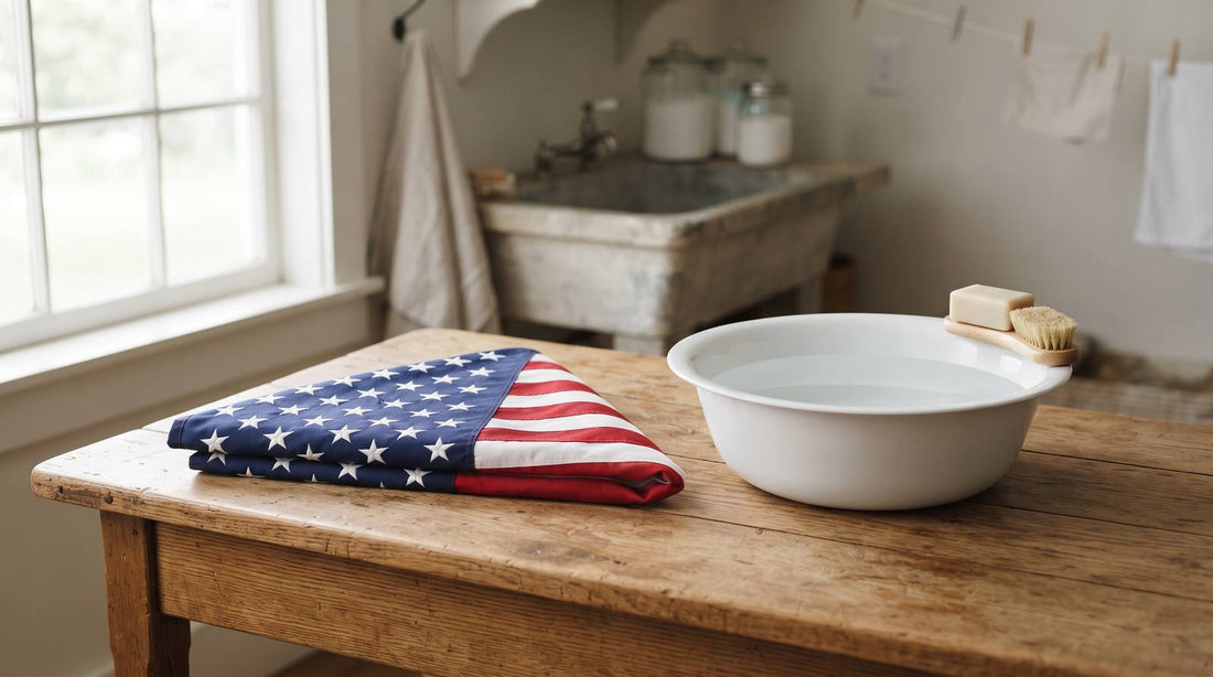 Folded American flag beside a wash basin and soft brush on a wooden table
