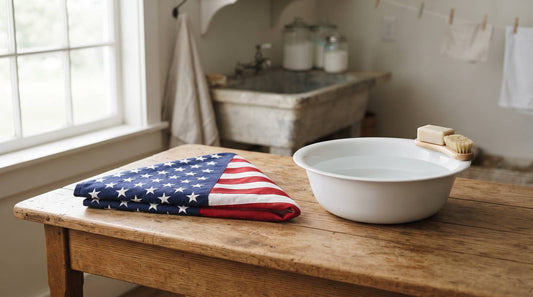 Folded American flag beside a wash basin and soft brush on a wooden table