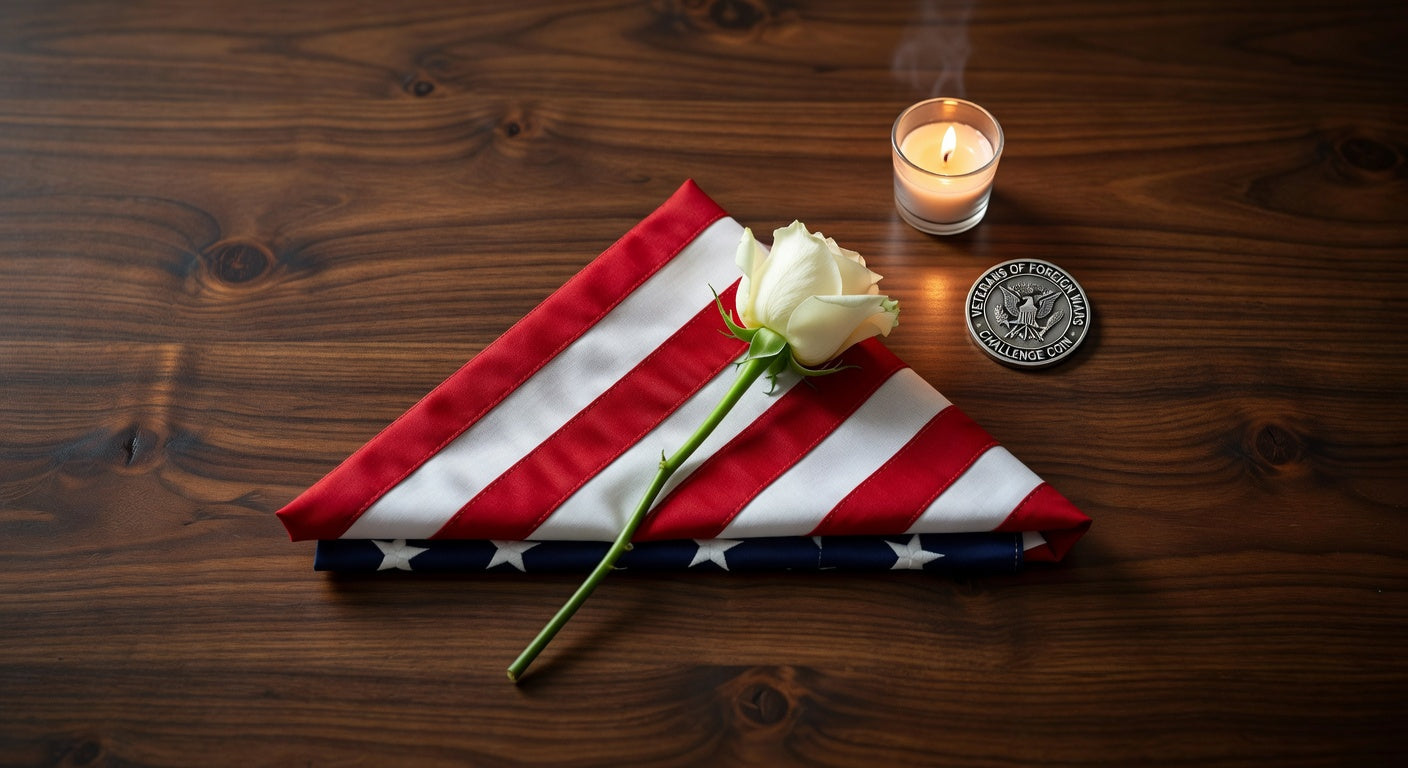 Folded American flag with white rose, Veterans coin, and memorial candle on wooden table