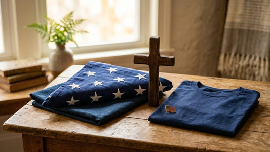 A folded American flag, wooden cross, navy shirt, and small flag pin on a rustic table