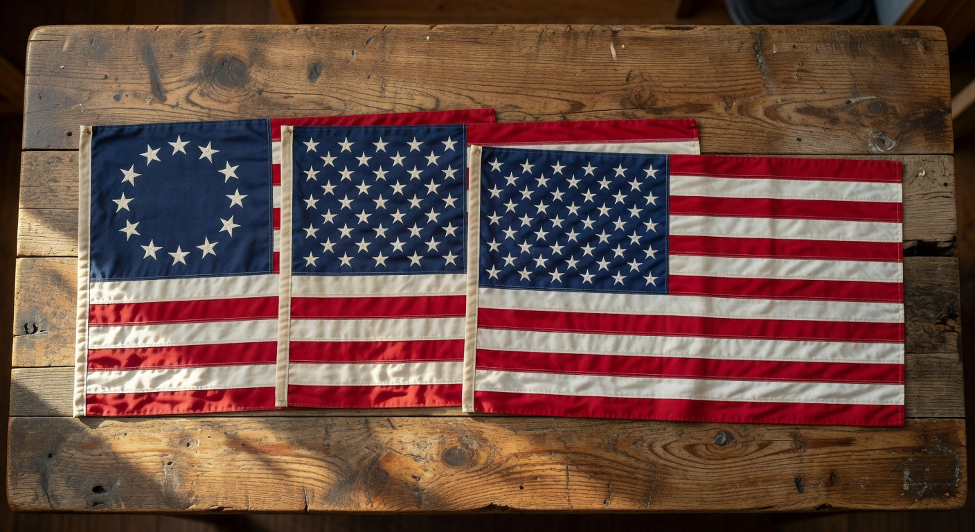 Three American flags in vintage and modern styles displayed on rustic wood table.