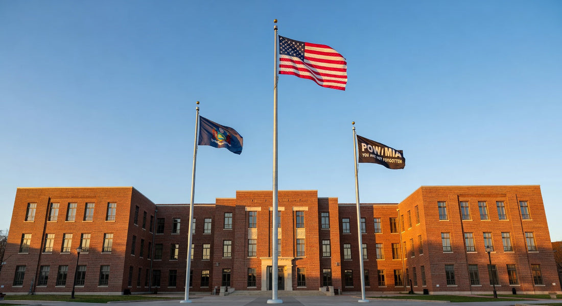 American flag, state flag, and POW MIA flag flying outside a red brick building at sunset