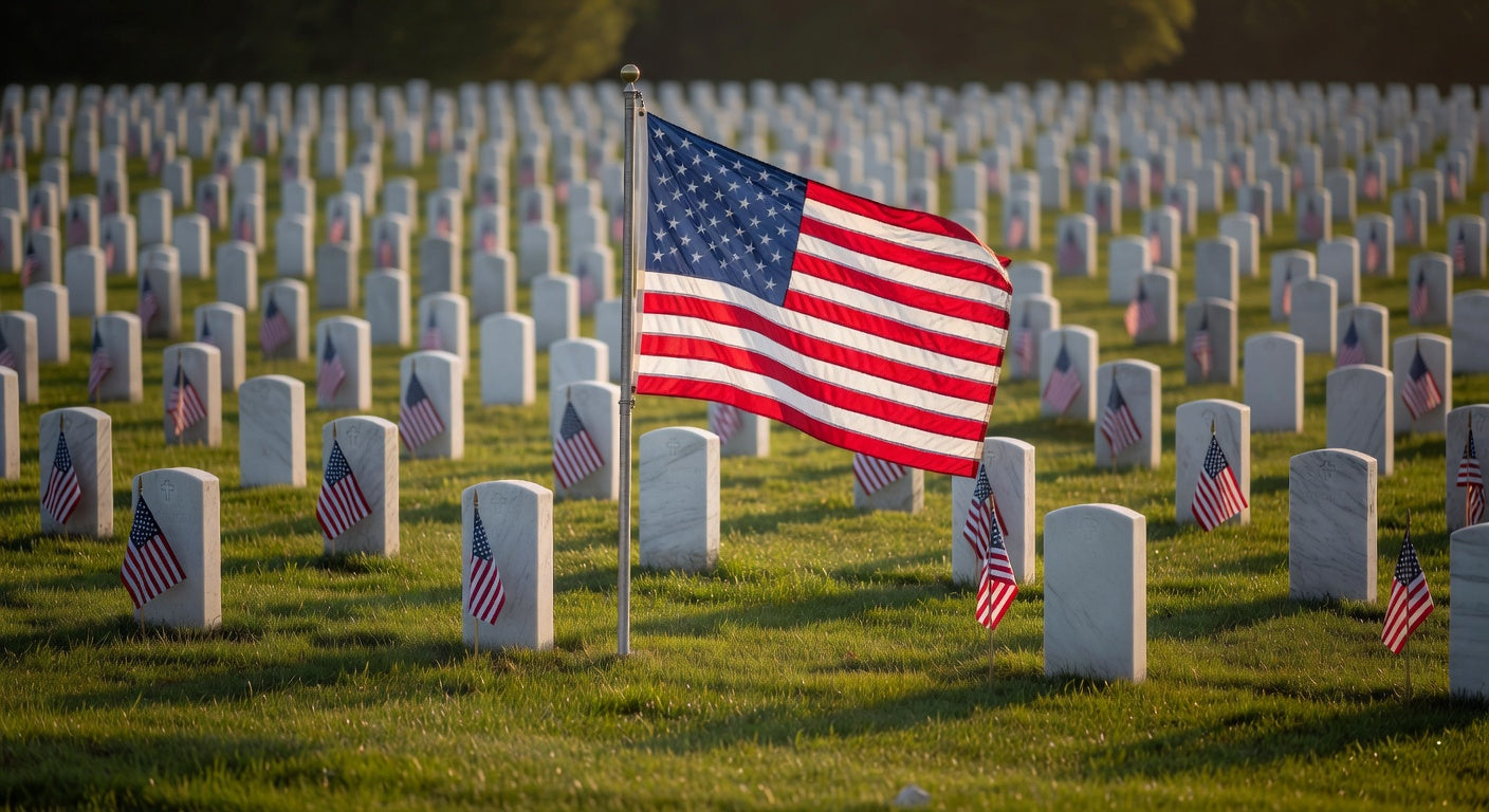 American flag at half-staff with veterans cemetery headstones in the background on Memorial Day