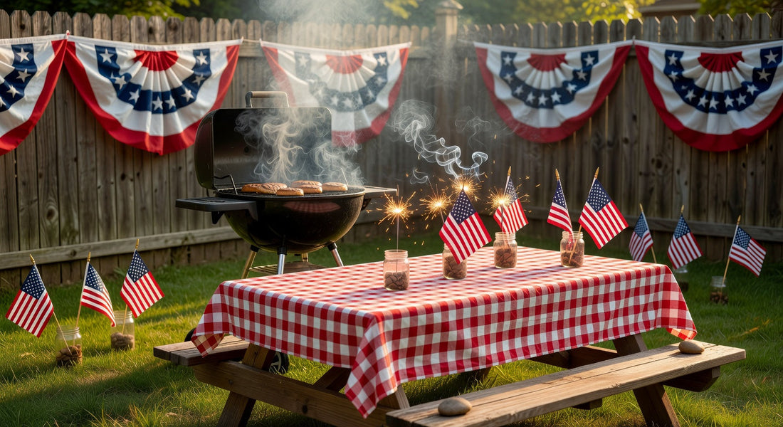 Patriotic backyard barbecue with American flags, sparklers, and red gingham tablecloth