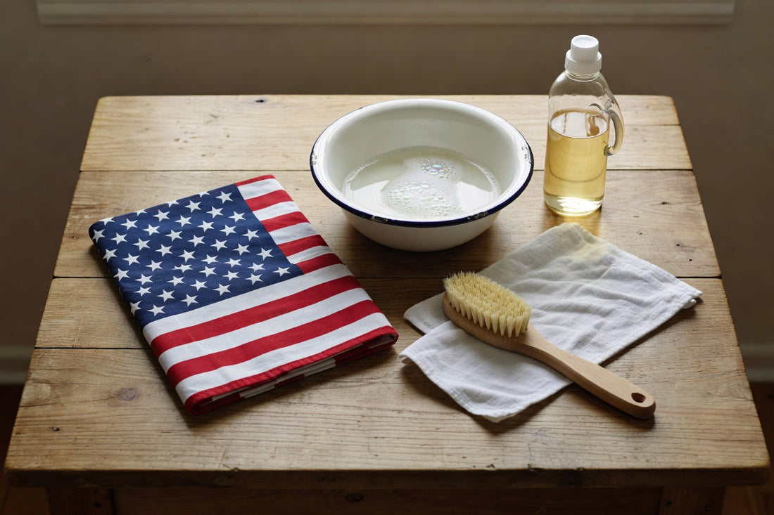 Folded American flag with cleaning supplies, soap, and brush on wooden table