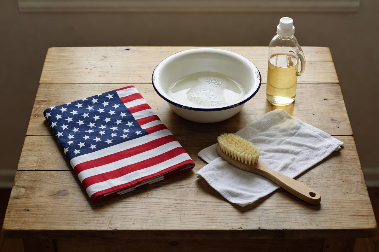 Folded American flag with cleaning supplies, soap, and brush on wooden table