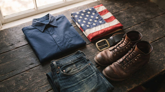 Folded navy shirt beside a respectfully folded American flag, denim, belt, and brown boots on a wood table
