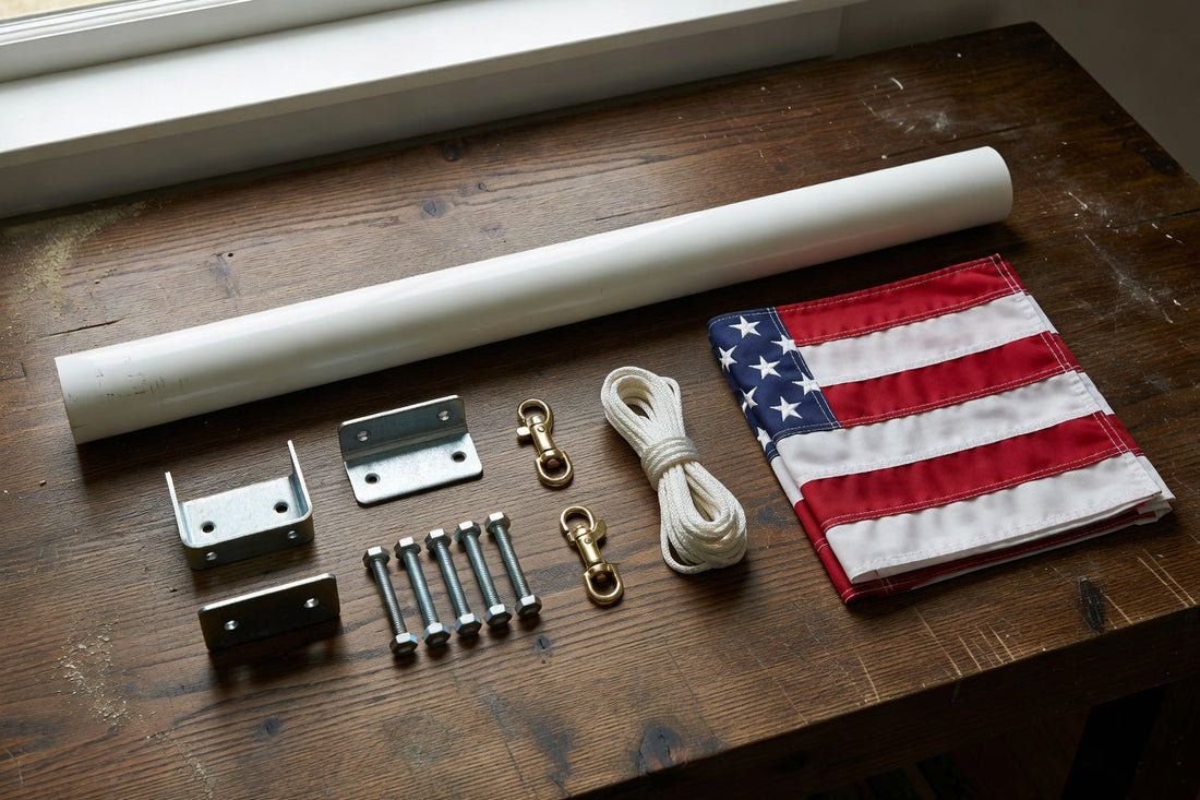 American flag kit with flagpole, folded US flag, mounting brackets, rope, and hardware on wood table