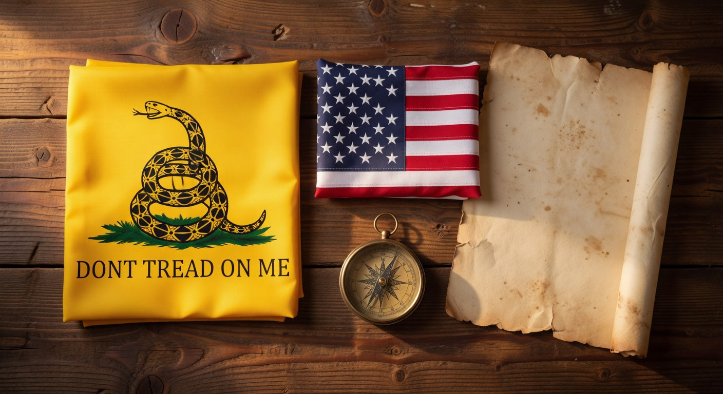 Gadsden flag with coiled rattlesnake, folded American flag, antique compass, and old parchment on wood