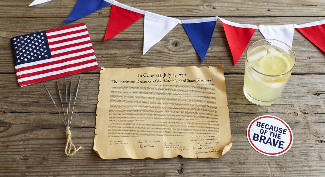 American flag, Declaration of Independence, red white blue bunting, lemonade, patriotic decor