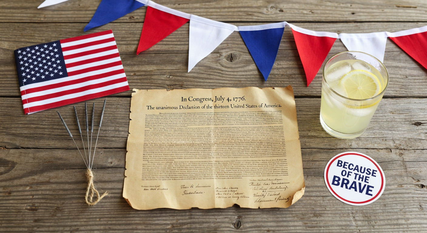 American flag, Declaration of Independence, red white blue bunting, lemonade, patriotic decor