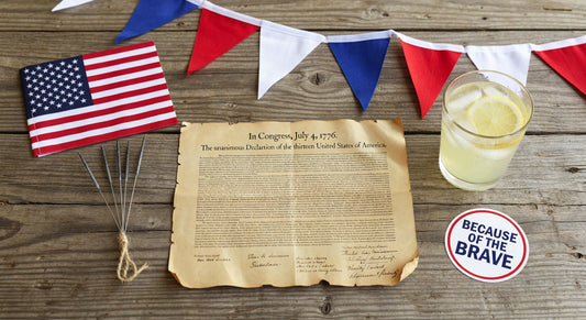 American flag, Declaration of Independence, red white blue bunting, lemonade, patriotic decor