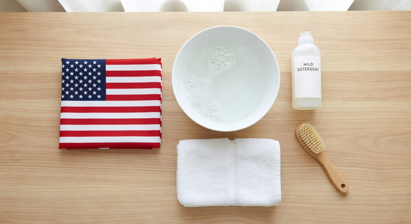 Folded American flag, bowl with soapy water, mild detergent, towel, and brush on wood table